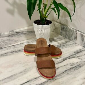 Altar'd State Brown Leather Double-Strap Platform Sandals with Rainbow Trim